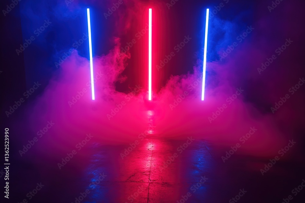Naklejka premium Abstract Vertical Neon Light Tubes with Smoke, Pink and Blue Hues, Modern Design