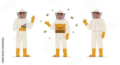 Beekeeper in white suit interacting with bees in detailed flat vector illustration