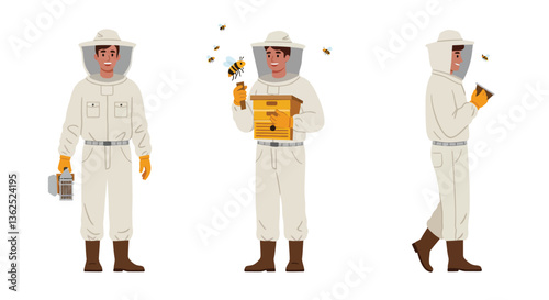 Beekeeper in protective suit performing tasks in flat vector illustration