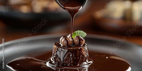 An enticing view of warm dark chocolate enhancing a sweet treat.