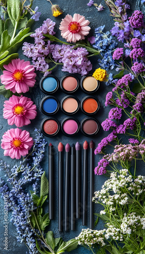 Eye shadow palette with brushes and blooming flowers