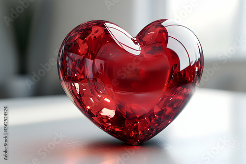 Faceted red heart reflecting light on a neutral surface, suggesting love