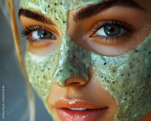 Facial mask Woman with skin treatment, showing green beauty product application on her face, eyes visible
