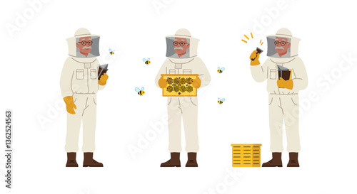 Beekeeper in protective suit collecting honey detailed vector illustration