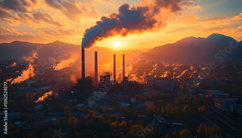 Factory emits smoke at sunset, surrounded by mountains and landscape view