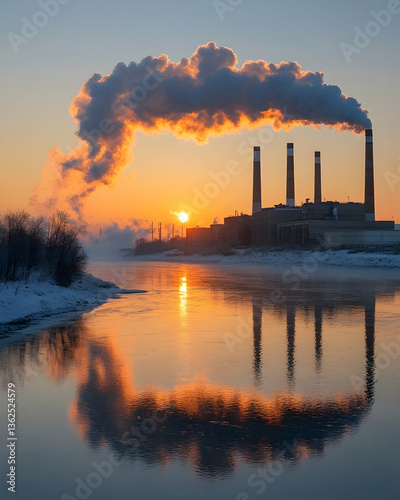 Factory reflects in river at sunrise, with smoke billowing into sky