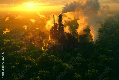 Factory spewing smoke, surrounded by greenery, at sunset