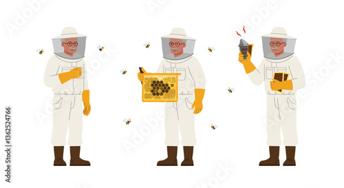 Beekeeper character in flat style performing tasks in three frames vector illustration