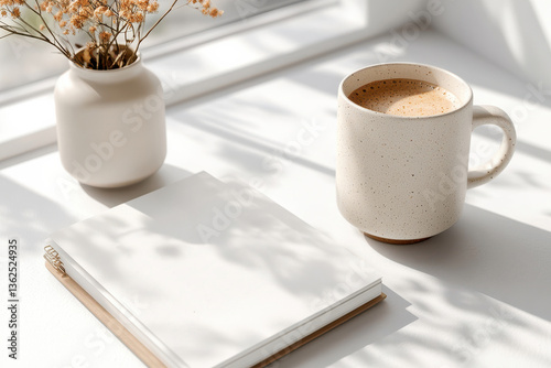 Cozy morning light on notebook and coffee mug in minimalist setting