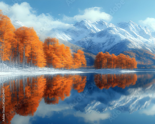 Fall foliage reflects on water with snowy mountain backdrop under a sunny sky