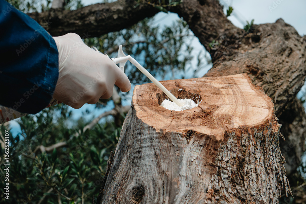 man fills with foam spray a hole in an olive tree