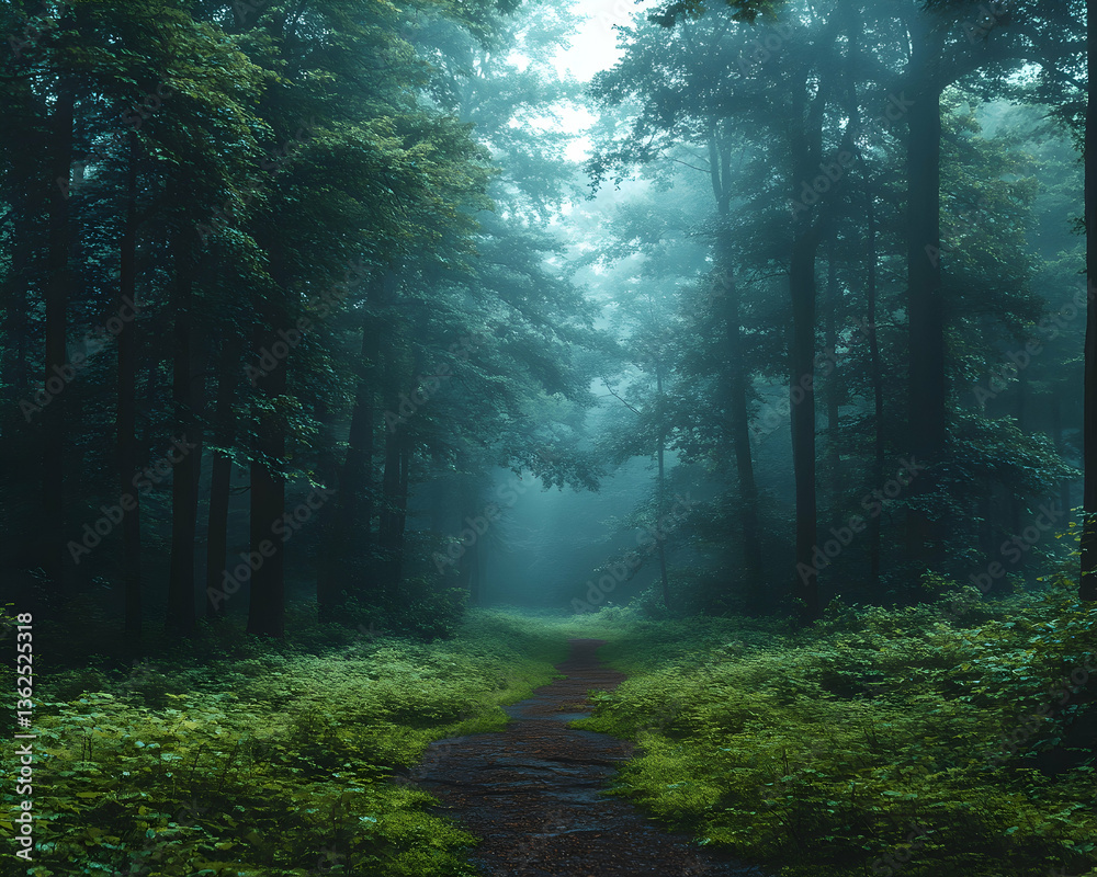 Obraz premium Forest path through a misty, dense, and lush green woods