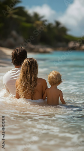 Family enjoys turquoise ocean water on sunny beach