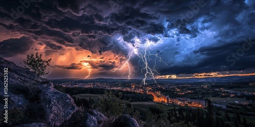 The Power of Nature: Dramatic Lightning Strikes Over Urban Landscape
