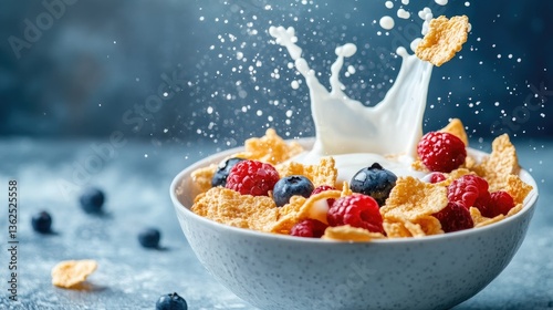 Bowl of golden cornflakes with fresh berries and milk splashing in mid-air