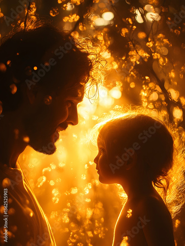 Father and child lovingly gaze Sunlit, blurred floral background