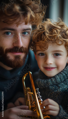 Father and son share a musical moment with a trumpet