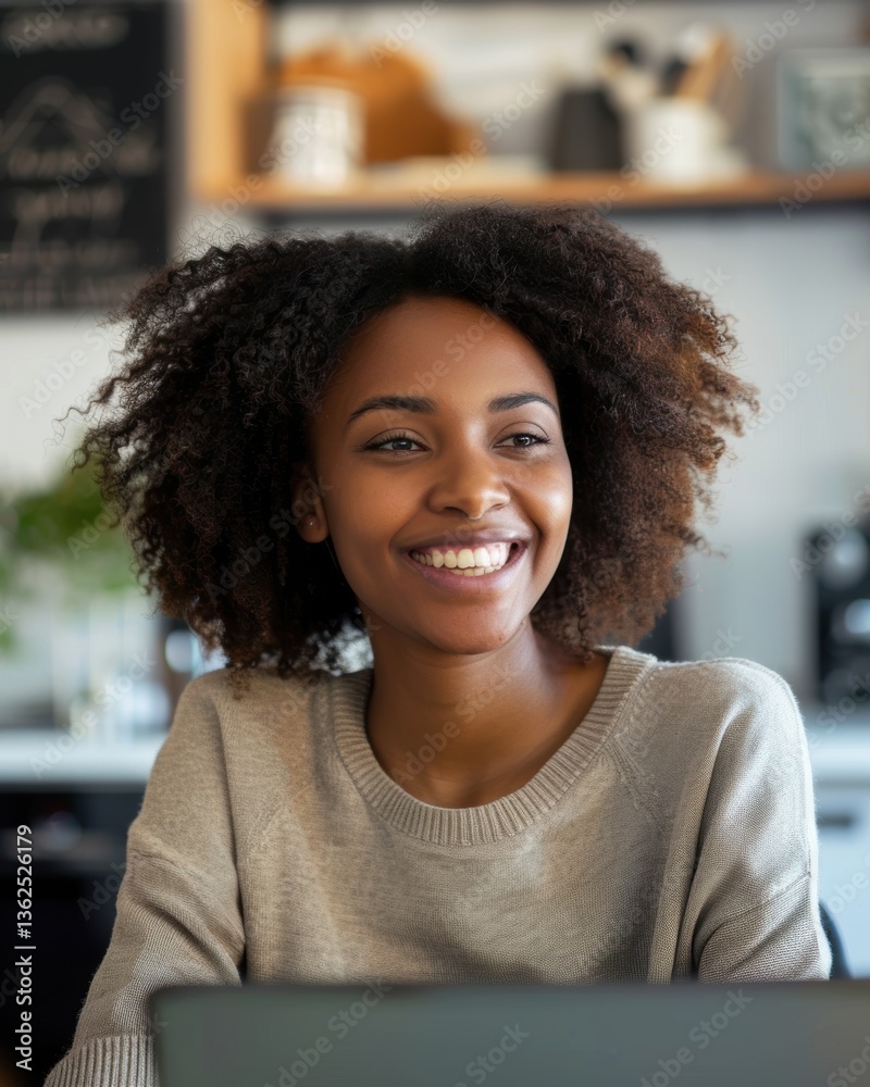 Smiling woman participates in Zoom call from her cozy home office environment Smiling woman participates in Zoom call from her cozy home office environment