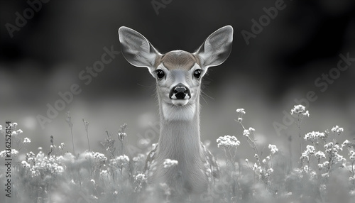 Fawn portrait Ears up, eyes locked in a monochrome field of white blooms