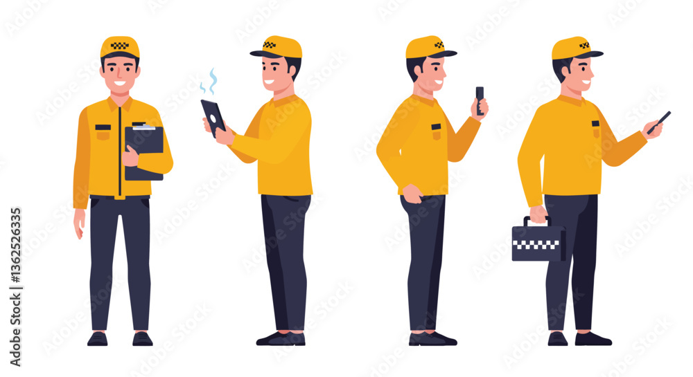 Delivery worker transformation in flat style vector illustration showing different poses and actions Delivery worker transformation in flat style vector illustration showing different poses and actions