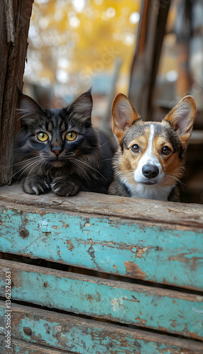Feline and canine duo sit together on blue painted wood