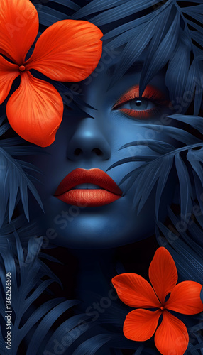 Female face, surreal blue tones Surrounded by dark leaves and bright red flowers