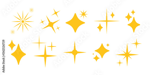 Set of gold sparkle stars. Twinkle stars minimal collection. Stars yellow icons. Blinking stars, sparks and sparkles. Shining twinkle sunburst shapes. Magic light flare pack for design. Glint glitter.