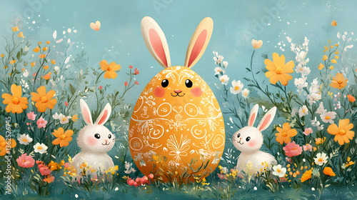 Easter bunny-shaped egg amidst wildflowers with two small bunnies on a bright background