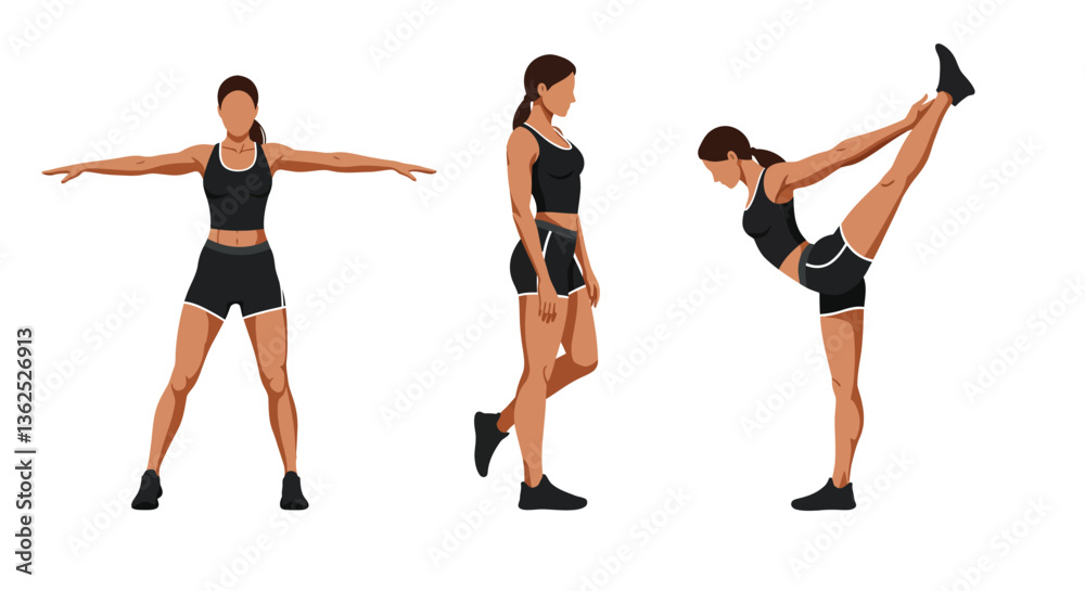 Fototapeta premium Fitness woman demonstrating three poses in minimal vector art illustration