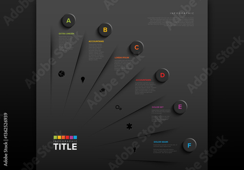 Obraz na płótnie Colorful Infographic Template with six Text Sections, big dark button and icons w salonie
