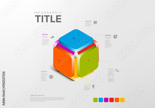 Colorful 3D Infographic Cube made from six plates with Explanatory Text items