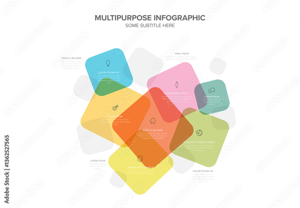 Colorful Multipurpose Infographic Design Layout with color squares icons and descriptions