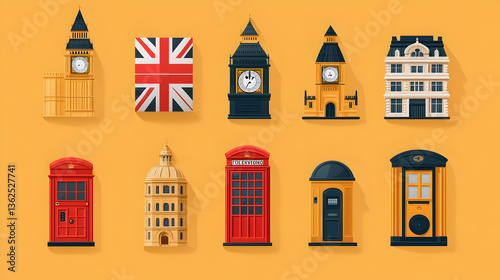 Flat graphic of London landmarks, including Big Ben, a phone booth, and a building