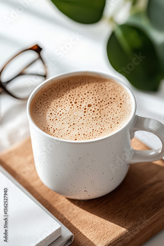Warm latte in speckled mug on wooden surface with glasses and leafy plant in sunlit setting