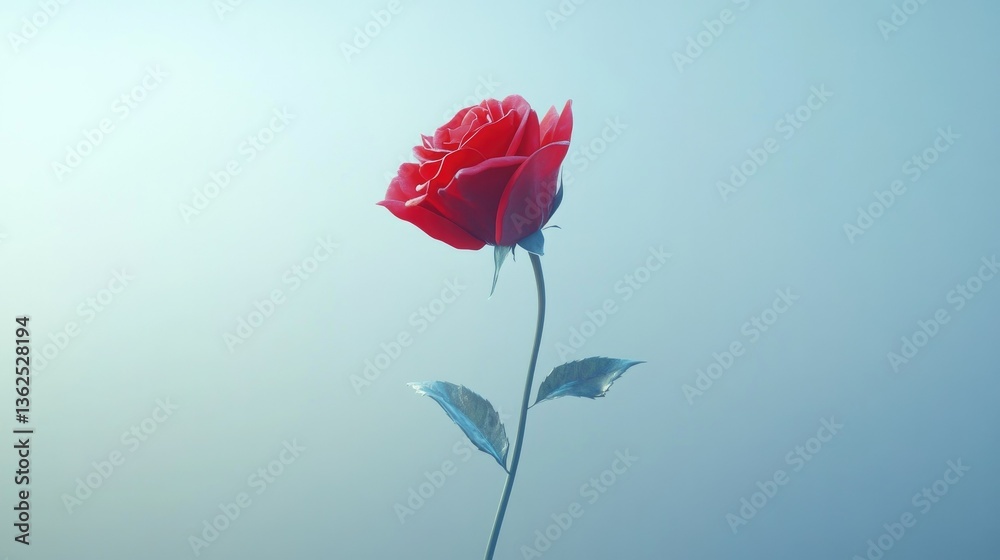 Fototapeta premium Close-up of a single red rose in full bloom, delicate petals against a soft-focus background