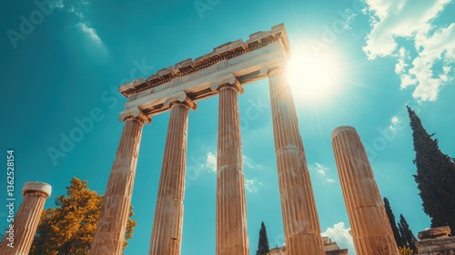 Ancient Greek Pillars Bathed in Sunlight Against Vivid Azure Sky
