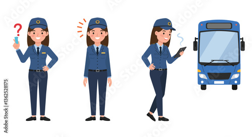 Bus driver character change with emotions in flat vector illustration