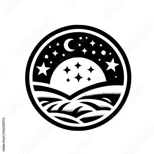 A circular, minimalist black and white illustration depicting a night landscape featuring rolling hills, a crescent moon, stars, and a stylized celestial body, all contained within a border.
