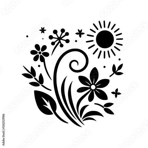 Intricate floral design, stylized in black, featuring blossoming flowers, leaves, sun motif, and decorative flourishes on white.