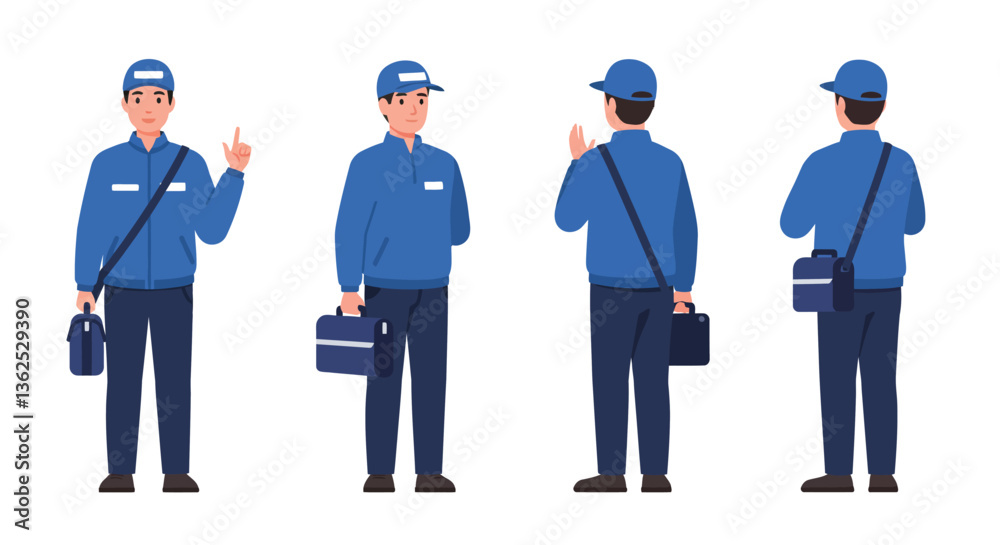 Delivery person in blue uniform showing gesture in flat vector art Delivery person in blue uniform showing gesture in flat vector art