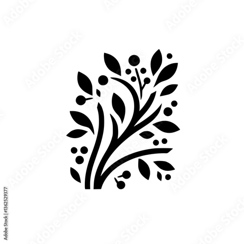 Vászonkép A graphic, symmetrical illustration of a stylized tree, featuring black foliage and berries against a pristine white background, evoking simplicity