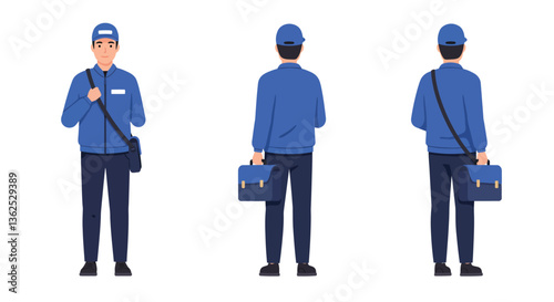 Delivery person character in flat style changing poses in vector illustration