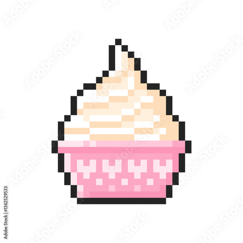 Pixel soft vanilla ice cream in a cup isolated on transparent background. Pixelated badge, game asset or computer arcade item. Frozen yogurt icon. Vector pixel art illustration in 16 bit old style.