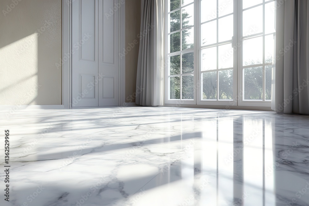 Fototapeta premium Brightly Lit Room with Marble Floor, Neutral Walls, Window, and White Door Shut