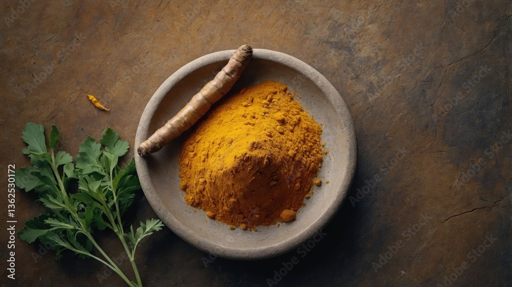 A bowl of turmeric powder with fresh turmeric root and green leaves on a textured surface. A bowl of turmeric powder with fresh turmeric root and green leaves on a textured surface.