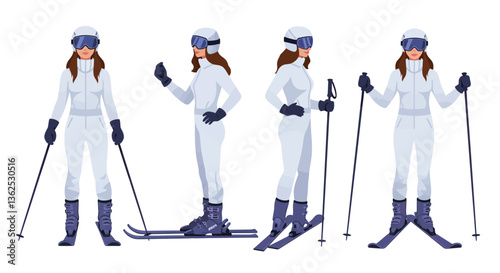 Skier character in various poses detailed flat vector illustration