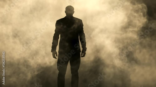 Silhouette of a mysterious figure standing in smoky haze, creating dramatic and intense mood