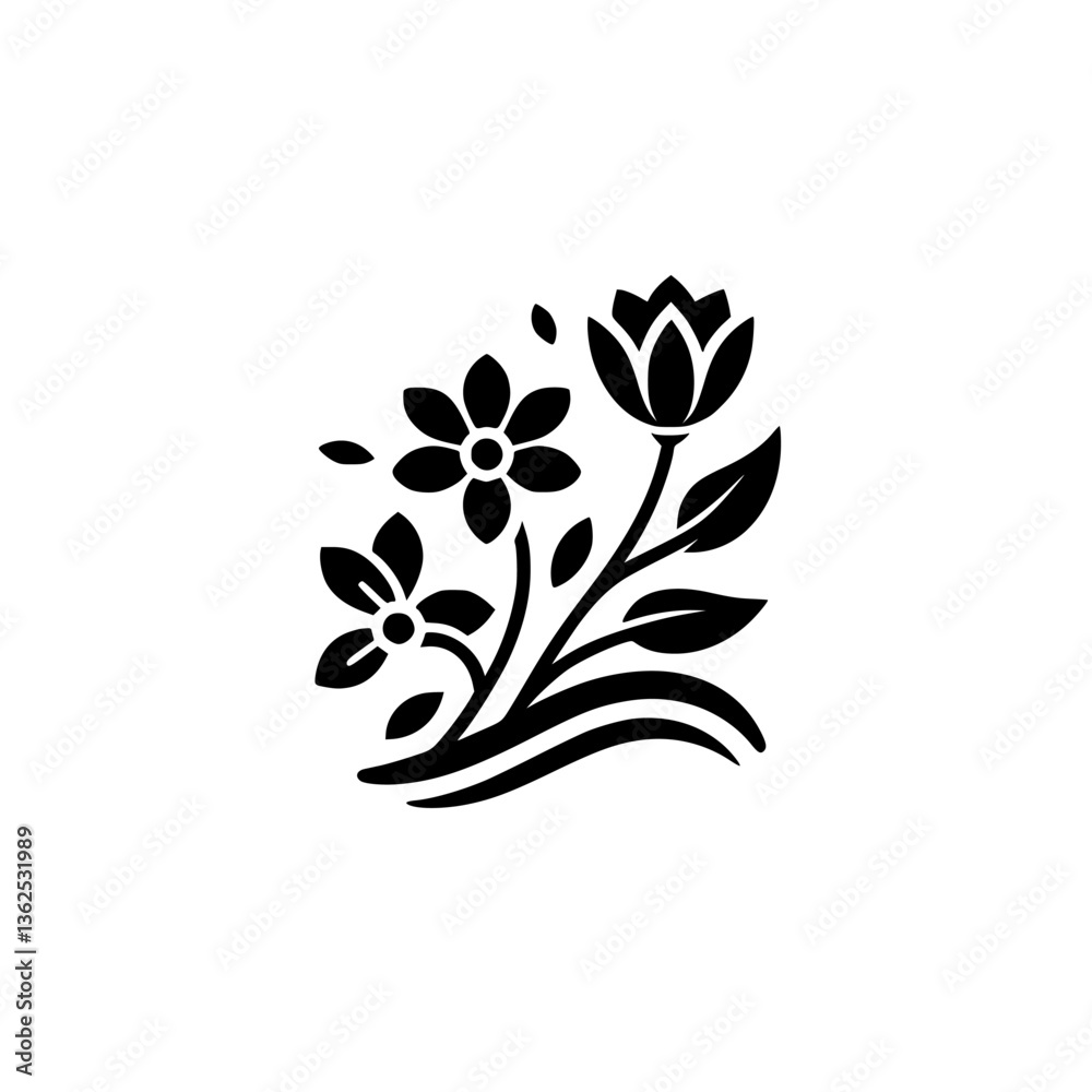 Fototapeta premium Stylized Black and White Floral Illustration: A monochromatic botanical arrangement featuring a diverse selection of blossoms, leaves, and flowing elements against a stark, neutral background.