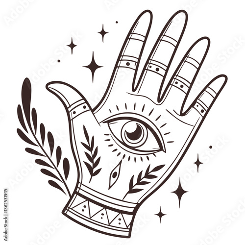 hand drawn palmistry palm with eye