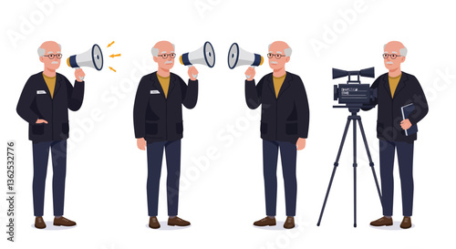 Elderly man with megaphones in flat design vector art and camera setup vector illustration